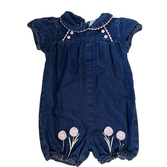 Vintage Denim Romper Pink Floral Applique Scalloped Peter Pan Collar 3T Girls - Picture 1 of 7